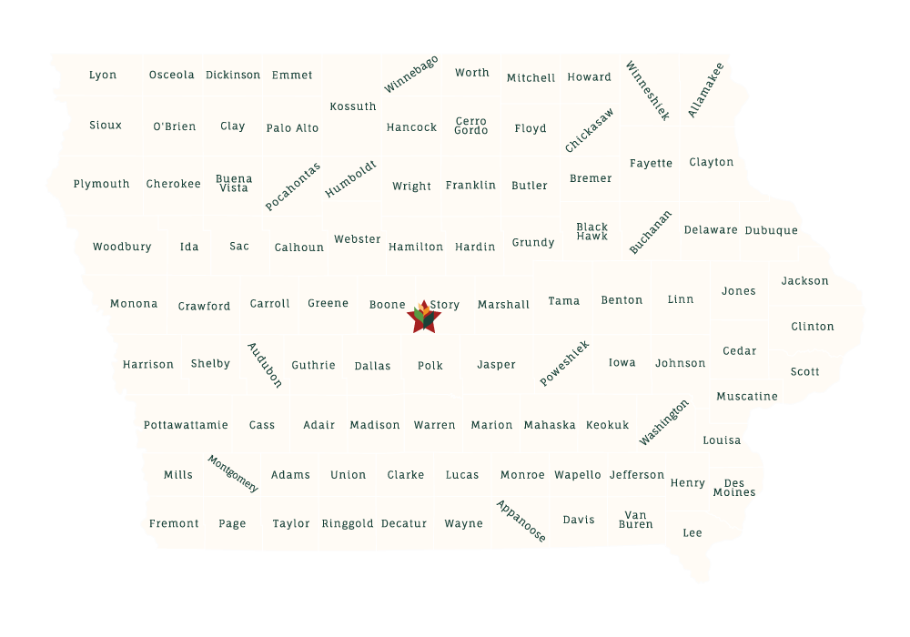 Map of Iowa Counties, with a red star in Story county, showing the central office of Farmland Stewards